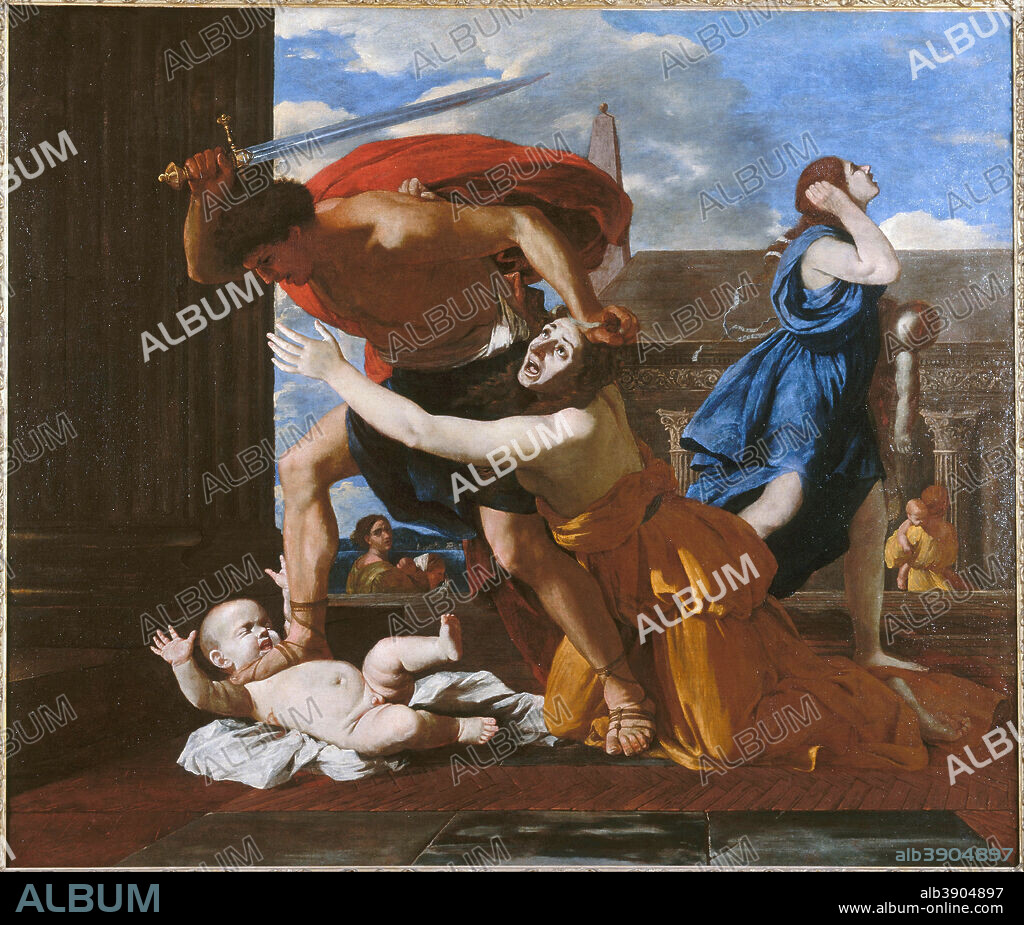 NICOLAS POUSSIN. Le massacre des Innocents. Date/Period: Entre 1625-1626 (selon Jacques Thuillier) et 1628-1629 (selon Anthony Blunt). Painting. Huile sur toile. Height: 1,180 mm (46.45 in); Width: 1,790 mm (70.47 in).