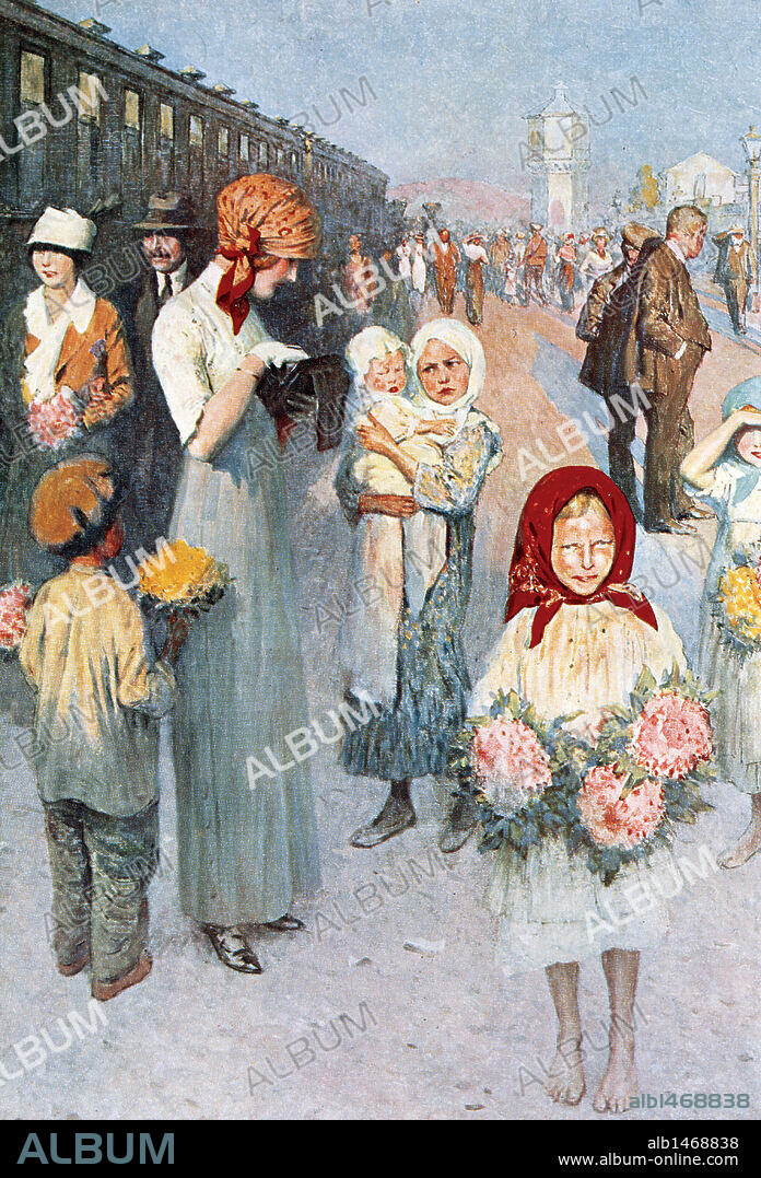 RUSIA. SIGLO XX. ESTACION DEL FERROCARRIL TRANSIBERIANO CON NIÑOS DE SIBERIA VENDIENDO FLORES A LOS PASAJEROS QUE PASEABAN POR LOS ANDENES. Verano de 1913. Dibujo a color.