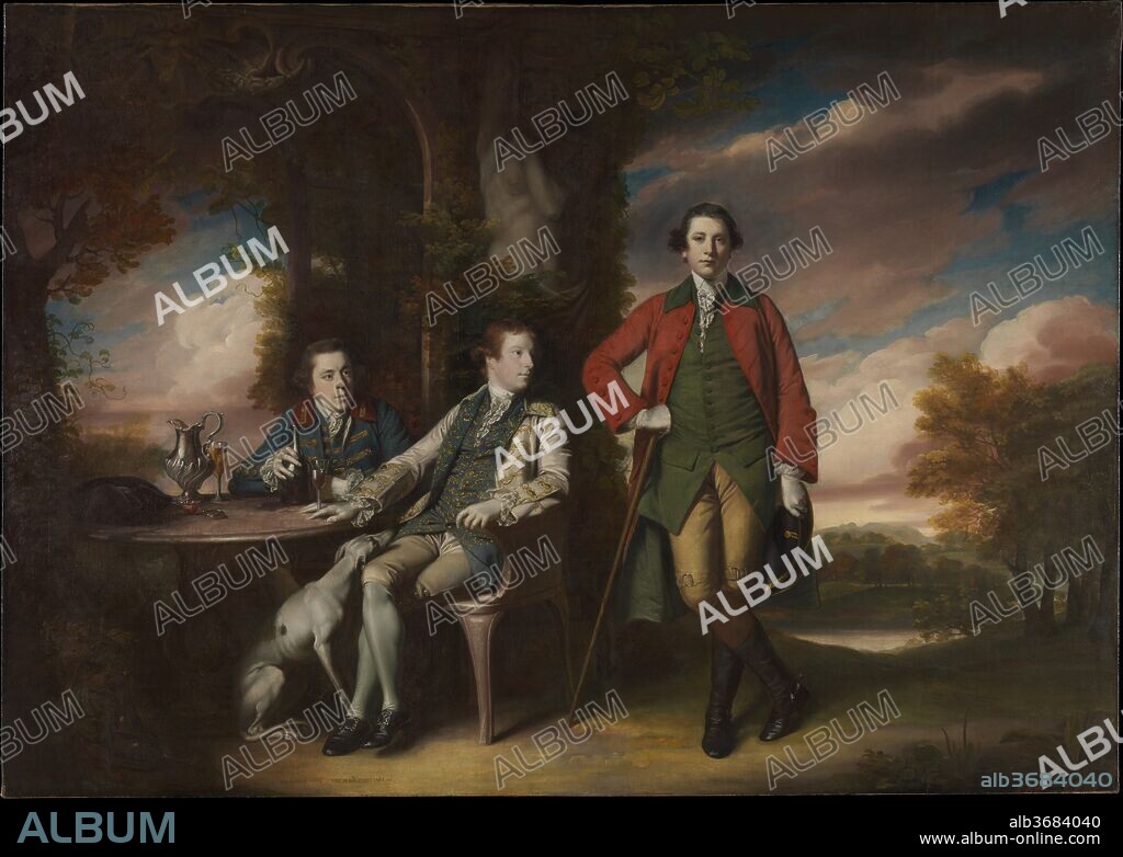 The Honorable Henry Fane (1739-1802) with Inigo Jones and Charles Blair. Artist: Sir Joshua Reynolds (British, Plympton 1723-1792 London). Dimensions: 100 1/4 x 142 in. (254.6 x 360.7 cm). Date: 1761-66.
Seated at the center with his greyhound is the Honorable Henry Fane, second son of the eighth earl of Westmorland. To the left is Inigo Jones, a relative of the celebrated architect, and to the right Charles Blair, Fane's brother-in-law. Although shown in a landscape, each of the three men would have sat for Reynolds separately, in his studio. Reynolds's largest and most impressive conversation piece, this canvas was begun in 1761 and completed in 1766.