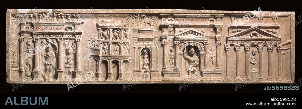 Art romain, période de l'Empire, fin du Ier siècle. - Bas-relief représentant des monuments romains du temps de Domitien (81-96 ap. J.-C.) ; de g. à d., Porte ouvrant sur le sanctuaire d'Isis, le Colisée, Entrée orient. du Circus Maximus, Arc de Titus, temple de Jupiter Stator. Marbre. Tombeau d'Haterii, Via Labicina, Rome. Rome, Musées du Vatican.