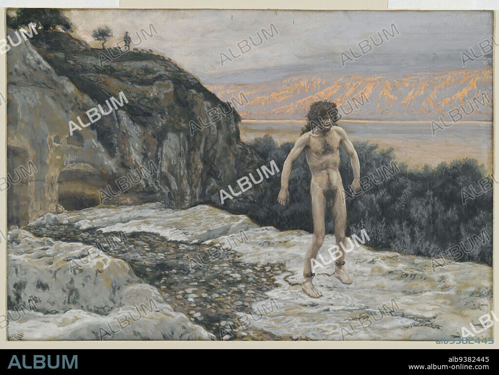 My Name is Legion, Je m'appelle Légion, The Life of Our Lord Jesus Christ, La Vie de Notre-Seigneur Jésus-Christ, James Tissot, French, 1836-1902, Opaque watercolor over graphite on gray wove paper, France, 1886-1894, Image: 6 1/2 x 9 1/2 in., 16.5 x 24.1 cm, arid, barren, Bible, Biblical, Catholicism, chains, Christ, Christianity, French, Jesus, landscape, Legion, Mark 5:1-10, mudity, New Testament, nu, nudity, Religion, Religious, Tissot.
