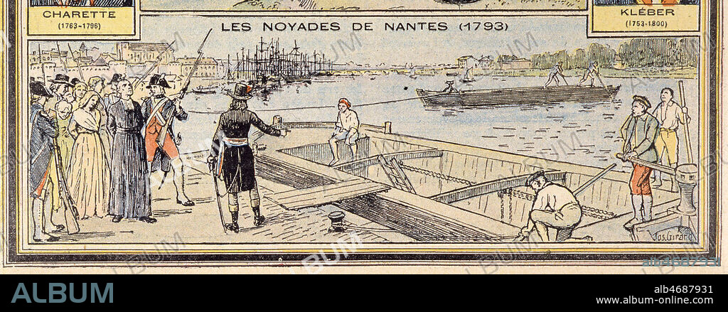 'Les noyades de Nantes (1793)' : selon l'initiative de CARRIER, on placait les victimes attachees dos a dos dans des bateaux qui s'ouvaient au milieu des flots. Illustration par J. GIRARD pour l'Histoire de France publiee par la Maison de la Bonne Presse.
