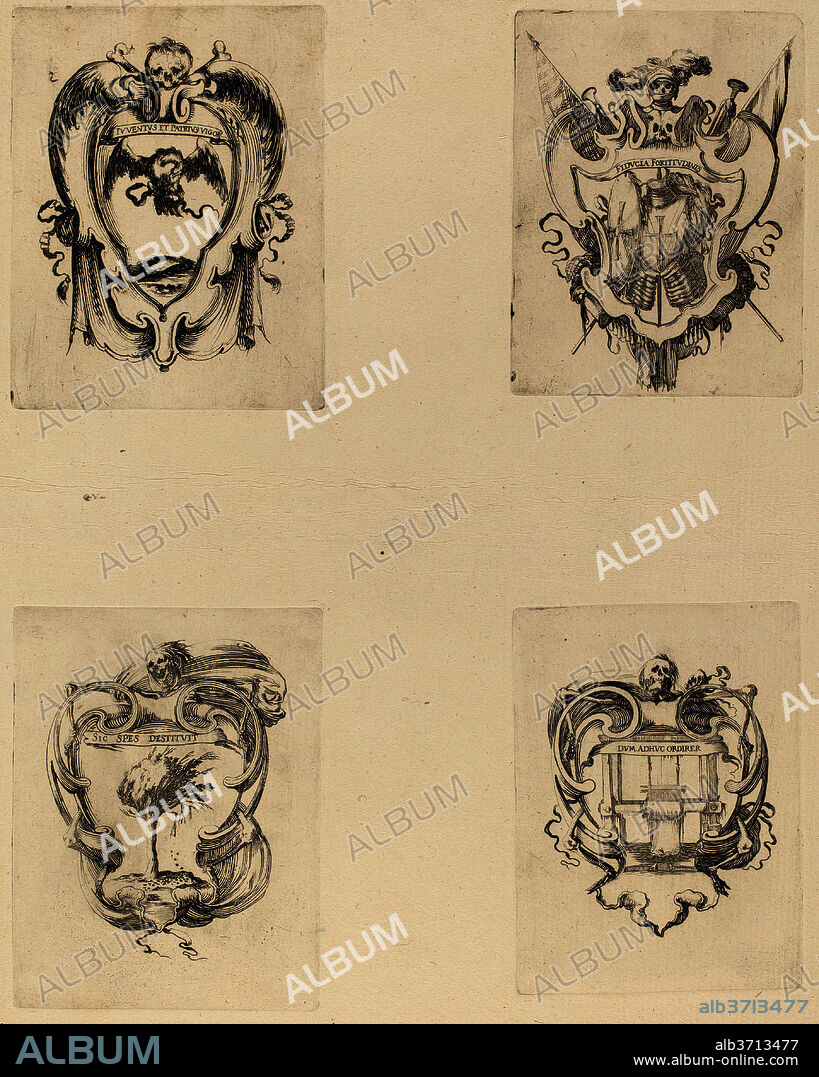 STEFANO DELLA BELLA. Four Emblems for the Funeral of Prince Francesco de Medici. Medium: 4 etchings on one sheet of laid paper [restrikes].