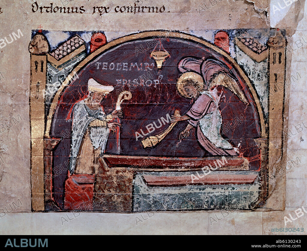 TUMBO A - 1125 /1255 - TEODOMIRO, OBISPO DE IRIA,  DESCUBRE EL SEPULCRO DE SANTIAGO Y DE SUS DISCIPULOS - F1V - MINIATURA MEDIEVAL.