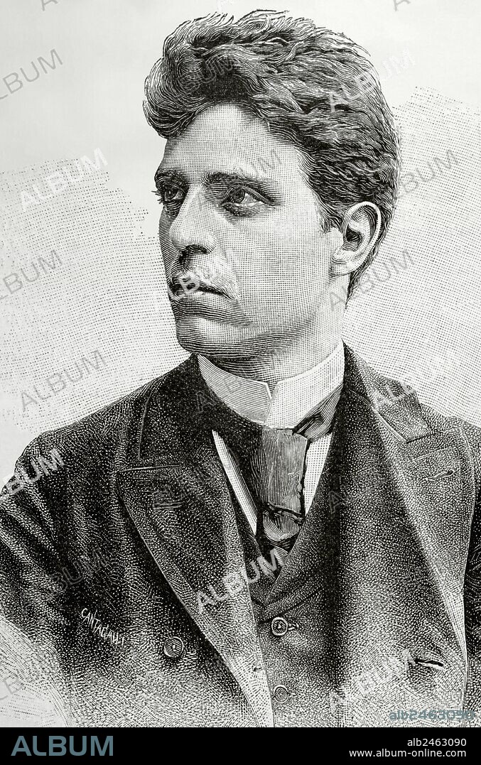 Pietro Mascagni (1863-1945). Músico y compositor italiano, uno de los mejores exponentes de la ópera verista. Grabado de La Ilustración Española. Siglo XIX.
