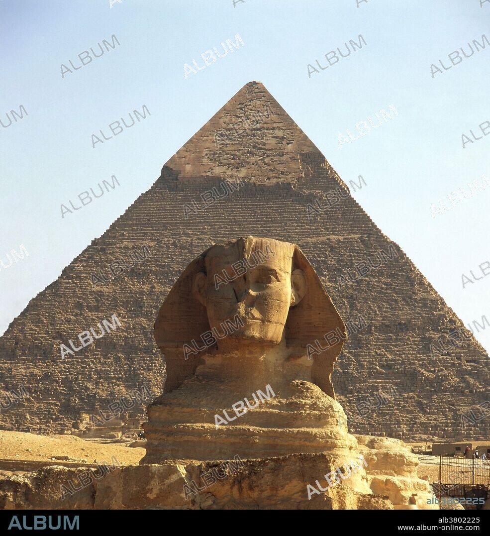 Great Sphinx and the Chefren Pyramid at Giza, Egypt.