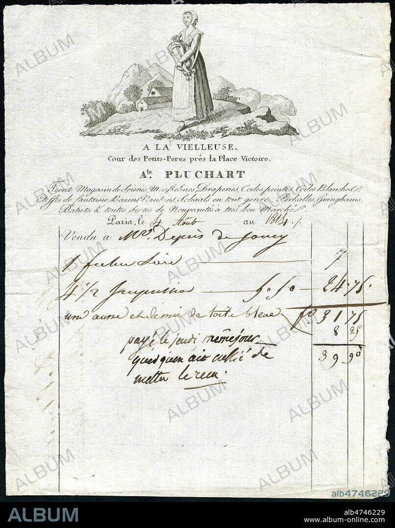 Bon de livraison ou facture pour le magasin A la Vielleuse, Magasin d'etoffes, soieries, Toiles, 1814 a Paris . 19eme siecle. Credit IM/KHARBINE TAPABOR.