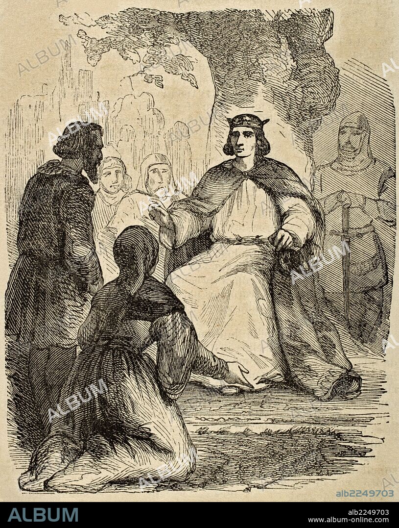 LUIS IX o SAN LUIS (1214-1270). Rey de Francia (1226-1270). Hijo y sucesor de Luis VIII. "San Luis administrando justicia bajo una haya". Grabado.
