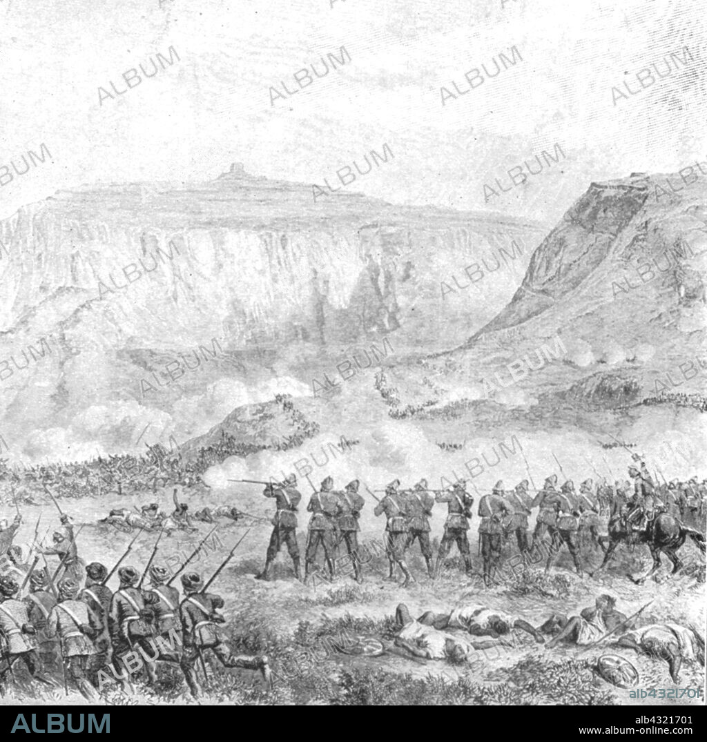 'The Abyssinian Expedition,1868: Battle of Arogee, on Good Friday, April 10', (1901). British soldiers at Magdala in the Ethiopian Empire, historically known as Abyssinia. The 1868 British Expedition to Abyssinia, a rescue mission and punitive expedition, was carried out by the armed forces of the British Empire against the Ethiopian Empire. The British laid siege to the fortress of Magdala on 13 April. The fortress can be seen in the distance, beyond the plateau of Arogye ('Arogee'). From "The Illustrated London News Record of the Glorious Reign of Queen Victoria 1837-1901: The Life and Accession of King Edward VII. and the Life of Queen Alexandra". [London, 1901].