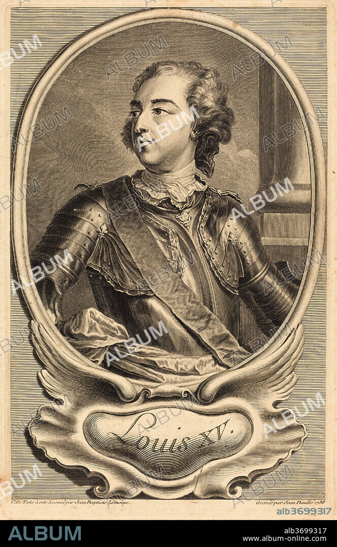 JEAN DAULLé AFTER JEAN-BAPTISTE LEMOYNE II. Louis XV. Dated: 1738. Dimensions: plate: 33 x 21.2 cm (13 x 8 3/8 in.)  sheet: 36 x 26.6 cm (14 3/16 x 10 1/2 in.). Medium: engraving on laid paper.