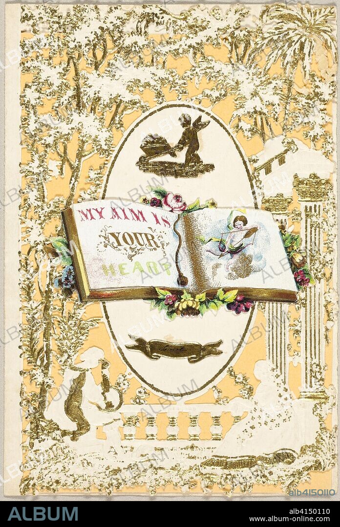 My Aim is Your Heart (valentine). John Windsor; English, 19th century. Date: 1840-1849. Dimensions: 135 × 90 mm (folded sheet). Collaged elements and gold paint on cut and embossed (designed) ivory wove paper. Origin: England.