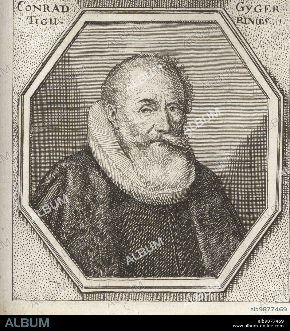 Hans Conrad Gyger, Swiss glass painter, mathematician, surveyor and cartographer in Zurich, 15991674. Conrad Gyger Tigurinus. Copperplate engraving after an illustration by Joachim von Sandrart from his LAcademia Todesca, della Architectura, Scultura & Pittura, oder Teutsche Academie, der Edlen Bau- Bild- und Mahlerey-Kunste, German Academy of Architecture, Sculpture and Painting, Jacob von Sandrart, Nuremberg, 1675.