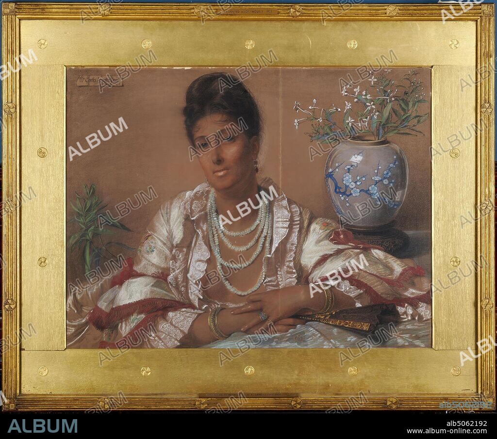 Portrait, Mrs Charles Augustus Howell, 1873 Sandys, Frederick, Portrait of Frances Catherine Howell, or 'Kitty'. Wife of Charles Augustus Howell, a key member of, the Pre-Raphaelite circle in London., Art Movement, Pre-Raphaelite, Chalk, Women, Flower, Portrait, Frame, Female, Vase, Fan, Works on Paper.