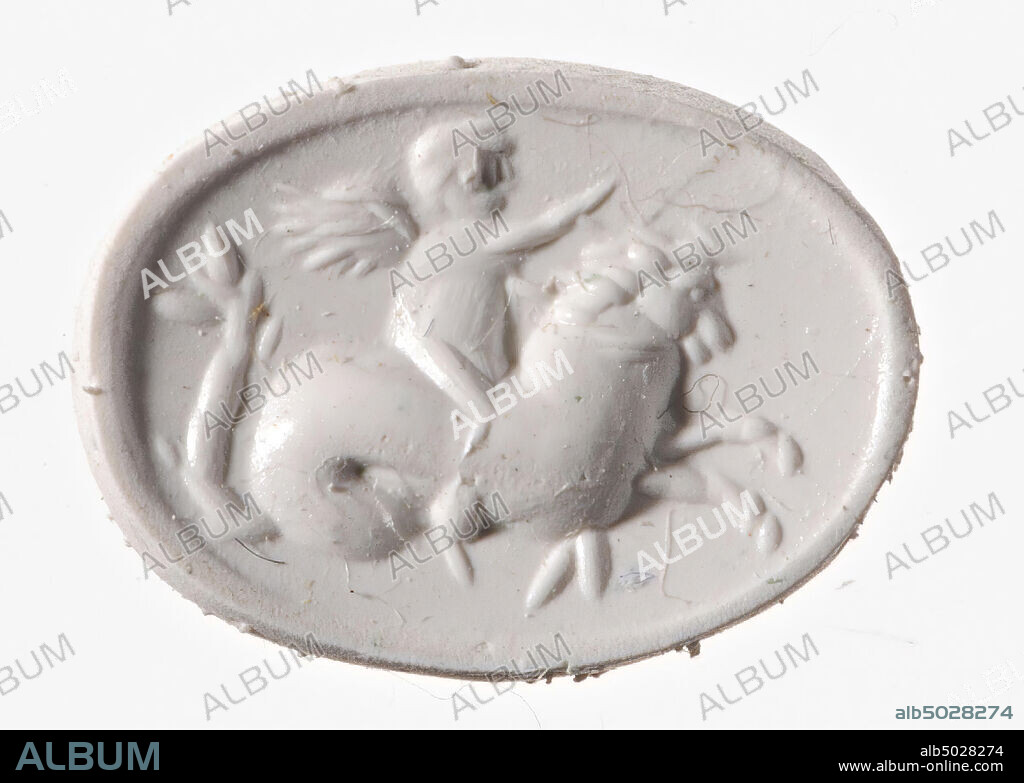 Vz: a fat, small child is naked and has the reins in his right hand the whip (?) In his left hand., Gem, intaglio, ringstone, jasper, Color: red, Shape: oval, Processing: edge at the front receding with respect to the rear, Method: body modeling with large rounded drills, detailing with a few short round wheel grooves., 13.5 x 10 mm, D. 3.5 mm, 1st - 2nd century AD . 1-200 AD.