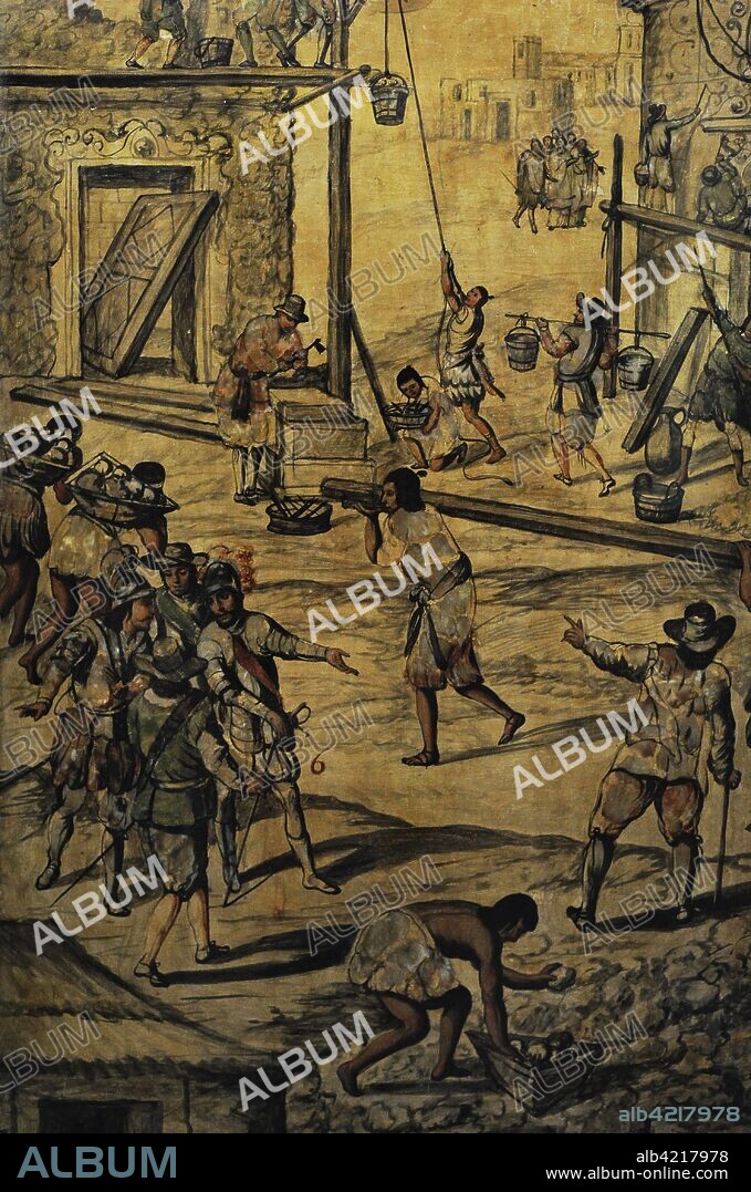 Spanish conquest of the Aztec Empire (1519-21). Construction of the Villa Rica of La Vera Cruz, with the help of the Totonac Indians. Detail. Board 3 belonging to a set of 24 boards made with the "enconchado" technique (fragments of mother-of-pearl embedded in the wooden surface, and soft layers of paint are added to the shiny surface). Painted by Juan and Miguel Gonzalez (active in the second half of the17th century). Reign of Charles II. Oil on panel and nacre. Viceroyalty of New Spain. Mexico, 1698. Museum of the Americas. Madrid, Spain.