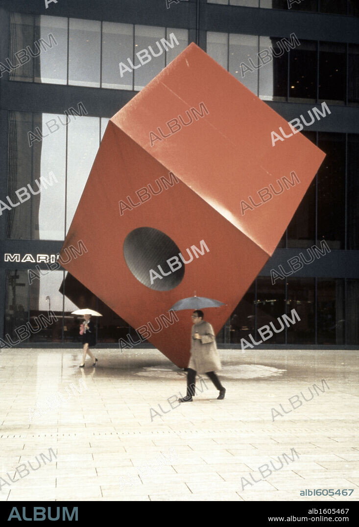 USA, New York, 140 Broadway, Red Cube steel sculpture by Isamu Noguchi, 1968, 1904-1988.