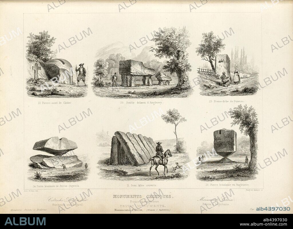 Celtic Monuments, France and England, Dolmen, crosses and menhirs from the Celtic culture in France and England, signed: Ern., Breton (del.), Bury et Aubert (sc.), Fig. 5, p. 47, Breton, Ernest (del.), Bury, J. (sc.), Aubert (sc.), 1853, Jules Gailhabaud: Monuments anciens et modernes. Bd. 1. Paris: Librairie de Firmin Didot frères, 1853.