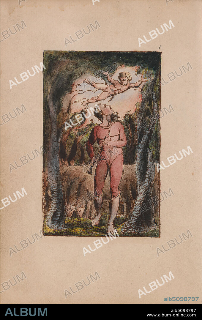 Songs of Innocence and of Experience, Plate 1, Innocence Frontispiece (Bentley 2), Print made by William Blake, 17571827, British, 1789 to 1794, Relief etching printed in dark-brown with pen and black ink and watercolor on moderately thick, slightly textured, cream wove paper, Sheet: 7 1/8 x 5 inches (18.1 x 12.7 cm), Plate: 4 3/8 x 2 3/4 inches (11.1 x 7 cm), and Spine: 7 3/8 inches (18.7 cm), angel, baby, children, flute, Horn (Musical instrument), literary theme, man, pipe, religious and mythological subject, sheep, shepherd, trees, trumpet, vines.