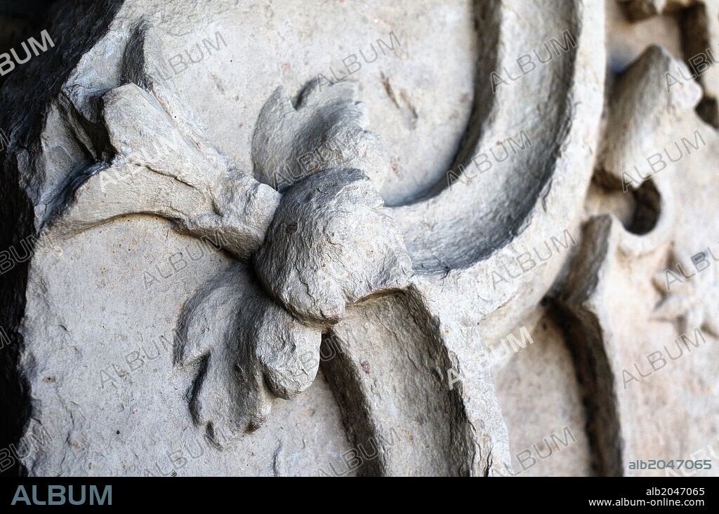 Escudo de Fonseca de la logia renacentista ( Plateresco) " Patio de Armas - PALACIO ARZOBISPAL " perteneciente al ANTIQUARIUM - Muralla de ALCALA DE HENARES ( Siglo XIII ).Comunidad de Madrid . ESPAÑA.