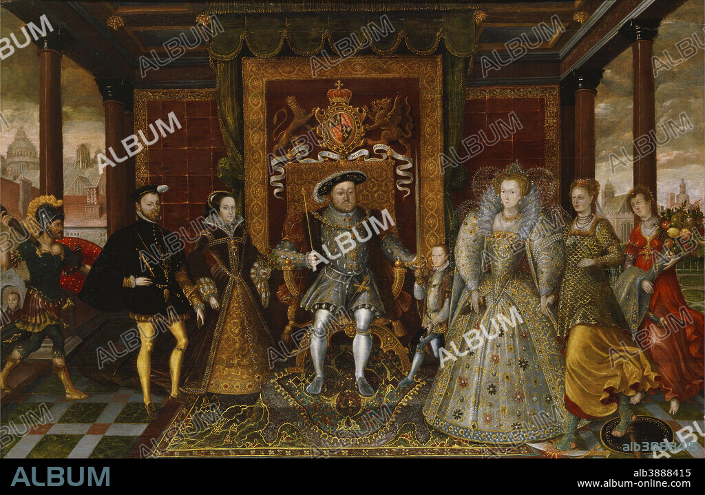 UNKNOWN. An Allegory of the Tudor Succession: The Family of Henry VIII. Date/Period: Ca. 1590. Painting. Oil on panel. Height: 1,143 mm (45 in); Width: 1,822 mm (71.73 in).