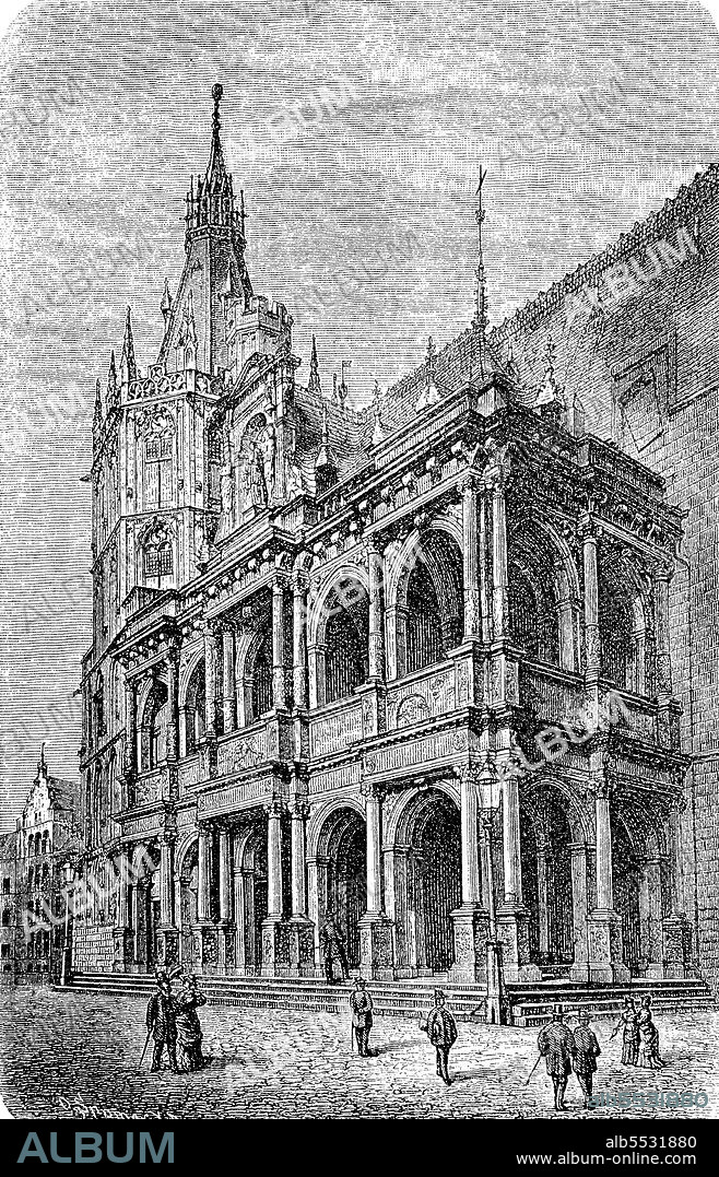 The city hall of Cologne, North Rhine-Westphalia, Germany, in 1880.
