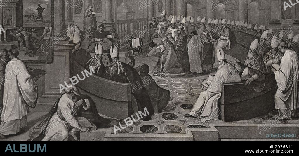 Historia de los concilios ecuménicos de Roma. Segundo concilio de Nicea en el año 787, bajo el pontificado del papa Adriano y el rey Constantino VI, hijo de Irene. Editado en París, grabado de 1869.