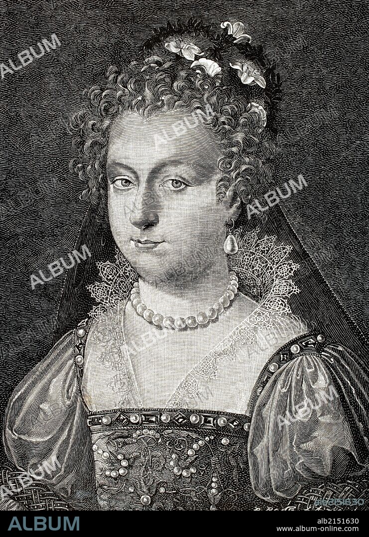 Isabel de York (1466). Primogénita de los 10 hijos de Eduardo IV de Inglaterra y de Isabel Woodville. Se casó con el rey Enrique VII y fruto de esa unión nació el que sería Enrique VIII de Inglaterra. Grabado por R. Bong. "Historia Universal", año 1885.