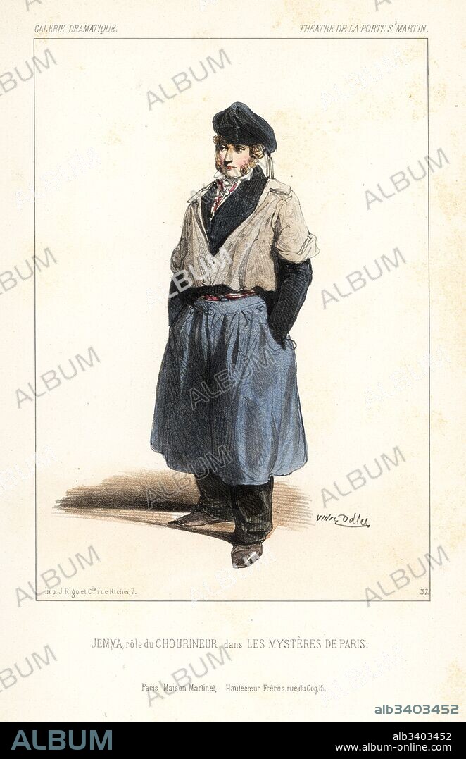 French actor Jemma in Chourineur in Les Mysteres de Paris, Theatre de la Porte St. Martin, 1844. Handcoloured lithograph after an illustration by Victor Dollet from Galerie Dramatique: Costumes des Theatres de Paris, Paris, 1845.