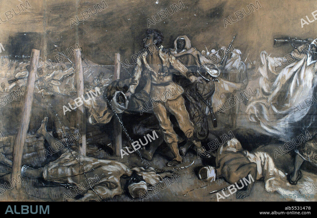 NOVAL , LUIS. MILITAR ESPAÑOL 1887-1909. MAS CONOCIDO COMO CABO NOVAL . EL CABO NOVAL , EN UN EPISODIO DE LA GUERRA DE MELILLA O DEL RIF. BOCETO DE ANTONIO MUÑOZ DEGRAIN. MUSEO BELLAS ARTES . MALAGA.