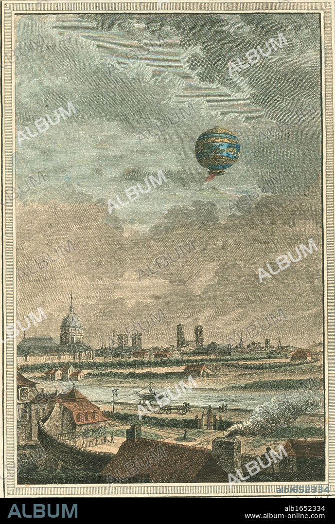 Montgolfier brothers' hot air hot air balloon over Paris, France, 1783. Engraving by Nicolas de Launay, French engraver. Flying Aeronautics Aviation.