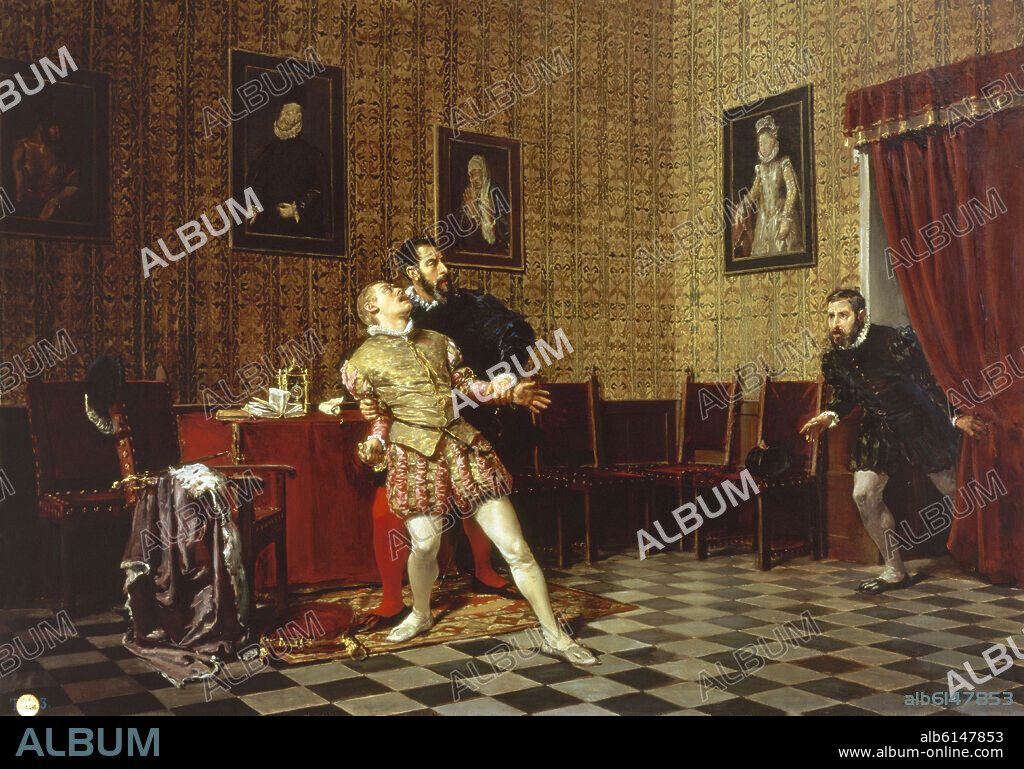 JOSÉ URÍA Y URÍA. EL PRINCIPE DON CARLOS (HIJO DE FELIPE II) Y EL DUQUE DE ALBA - 1881 - PINTURA HISTORICISTA.