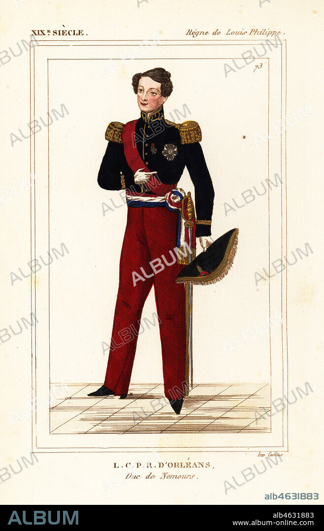 Prince Louis, Duke of Nemours, Louis-Charles-Philippe-Raphael d'Orleans, Duc de Nemours 1814-1896. In the military uniform of a Marechal-de-camp. Handcoloured lithograph from Le Bibliophile Jacob aka Paul Lacroix's Costumes Historiques de la France (Historical Costumes of France), Administration de Librairie, Paris, 1852.