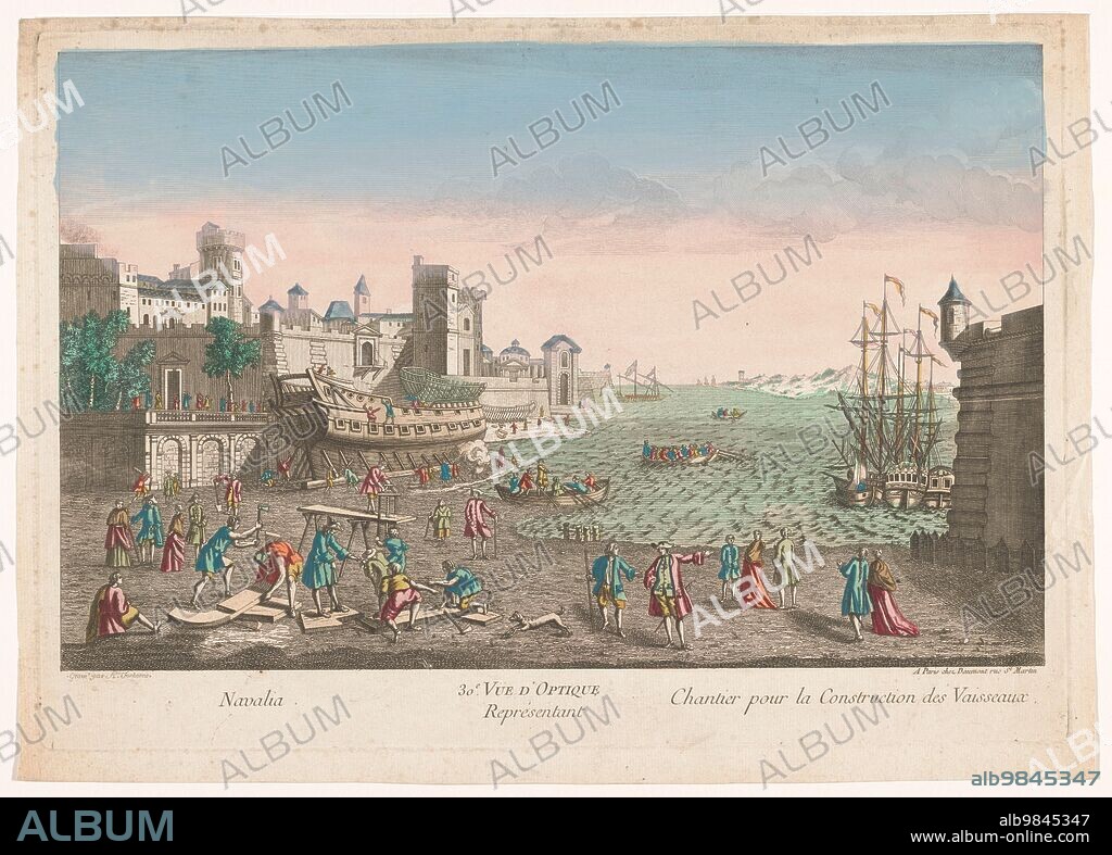 A FANTONNE. View of a shipyard, 1745-1775. Ships and boats lie on the water. On the left a ship in dry dock and a reinforced structure on the waterfront.