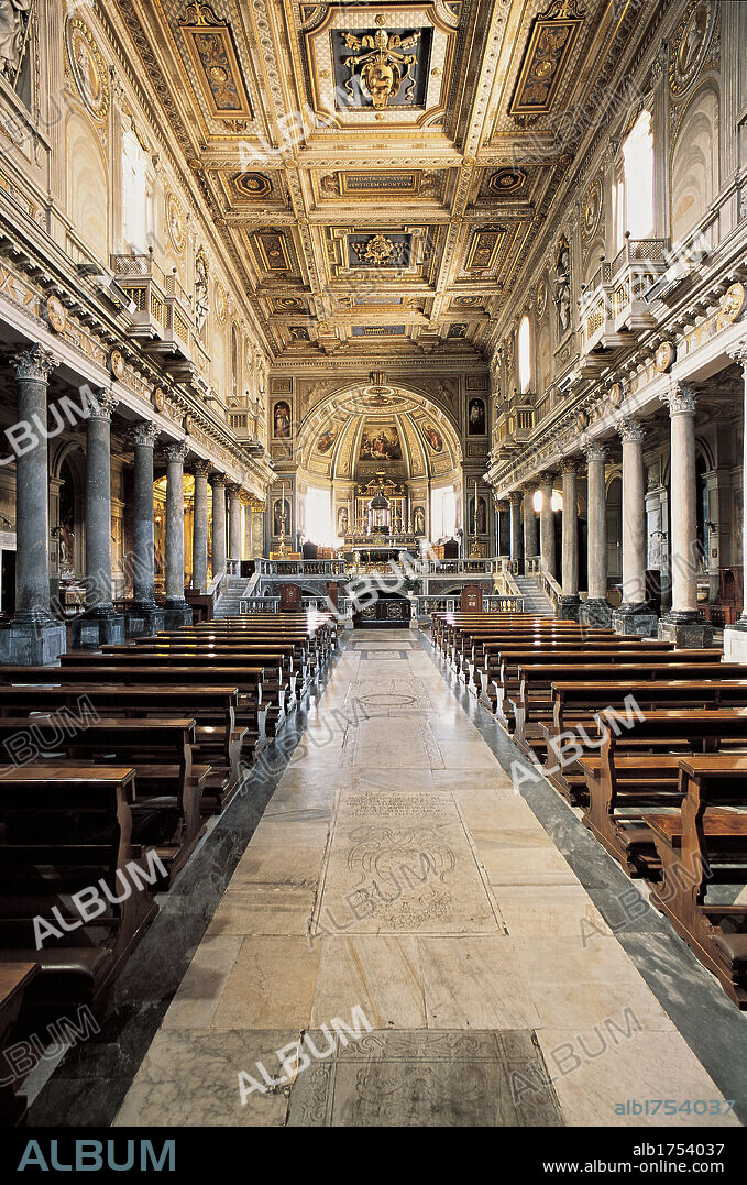 Church of Santi Silvestro e Martino ai Monti, by Unknown, 1636-1657, 17th Century, Unknow. Italy, Lazio, Rome, San Silvestro e Martino ai Monti Church. Full view nave columns Carolingian period architrave frieze entablature; trabeation shield portraits coffered ceiling caisson raised presbytery stairs leading to crypt.