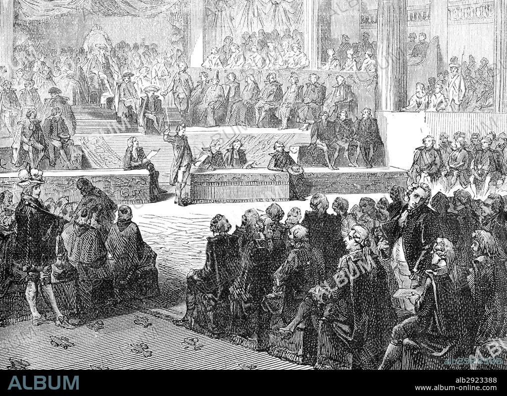 French Revolution - The Estates General (or States-General) of 1789 was the first meeting since 1614 of the French Estates-General, a general assembly representing the French estates of the realm: the clergy (First Estate), the nobles (Second Estate), and the common people (Third Estate). Summoned by King Louis XVI to propose solutions to his government's financial problems, the Estates-General sat for several weeks in May and June 1789 but came to an impasse as the three estates clashed over their respective powers. It was brought to an end when many members of the Third Estate formed themselves into a National Assembly, signaling the outbreak of the French Revolution. (illustration by Yan' Dargent 1824 - 1899).
