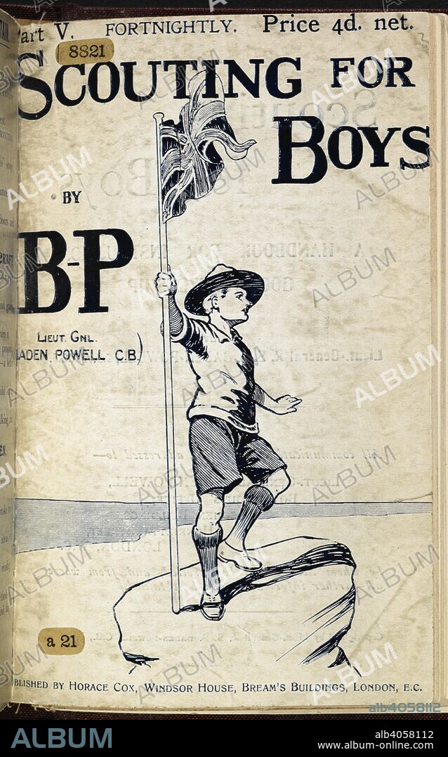 ROBERT BADEN-POWELL. Title and picture of a boy scout holding a flag. Scouting for Boys. A handbook for instruction in good citizenship ... Illustrated. London : Horace Cox, [1908]. Source: 8821.a.21 part V front cover.