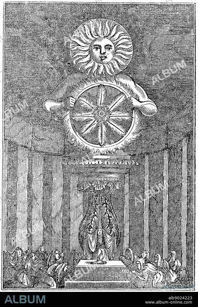 Saxon idol of the Sun. Wood engraving 1834.