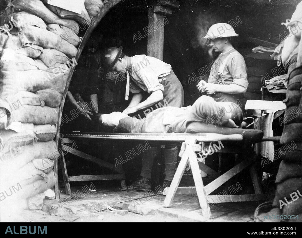 On the Western Front during Battle of Menin Road. Scottish territorials being examined in a dressing station. Belgium, 1914. The Battle of the Menin Road Ridge was the third British general attack of the Third Battle of Ypres. The battle took place September 20-25, 1917 on the Western Front. The British infantry succeeded in capturing most of their objectives and then holding them against German counter-attacks, inflicting many casualties on the local German defenders. British casualties are given as 20,255; 3,148 being killed. The Dressing Stations were generally manned by the Field Ambulances of the Royal Army Medical Corps. The set up dressing stations in existing buildings, underground dug-outs and bunkers, because they afforded some protection from enemy shell fire and aerial attack.