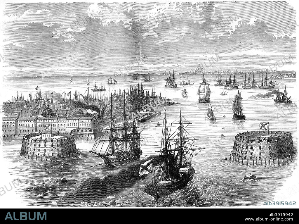 View of Kronstadt, Russia, 1882-1884. The forts of Kronstadt protected the sea approaches to St Petersburg from the British and French fleets during the Crimean War. A print from La France et les Français à Travers les Siècles, Volume IV, F Roy editor, A Challamel, Saint-Antoine, 1882-1884.