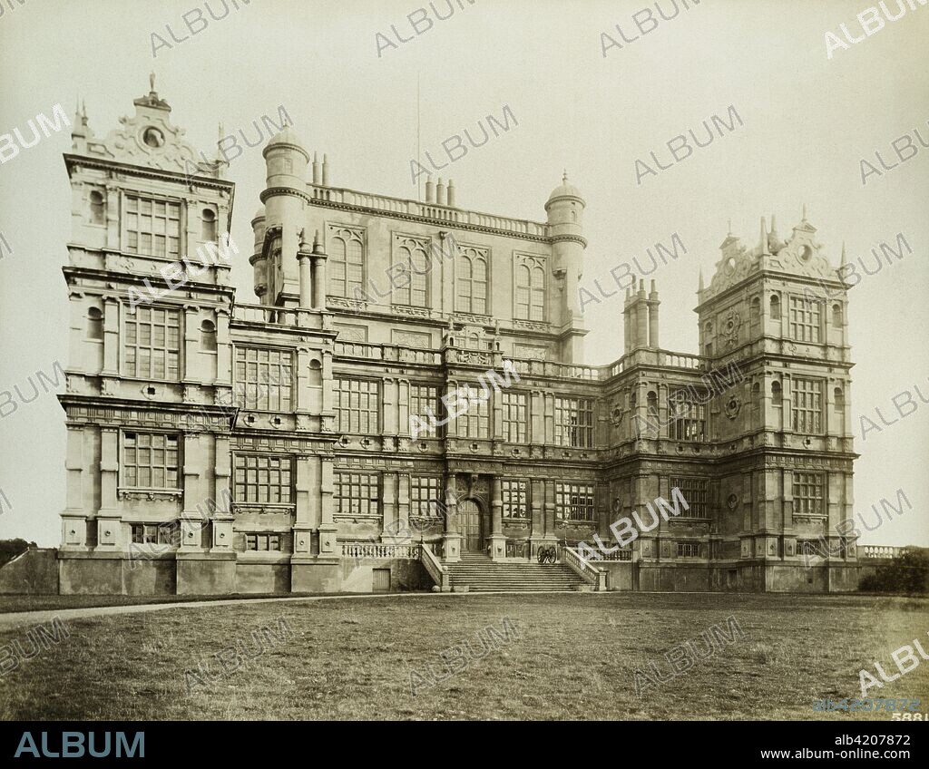 Wollaton Hall, Nottingham, Nottinghamshire, 1885. Exterior view of the entrance front. An Elizabethan house built in the 1580s, Wollaton Hall today houses the Nottingham Natural History Museum. The house is believed to have been designed by Robert Smythson, the architect of Longleat and Hardwick Hall, for Sir Francis Willoughby.