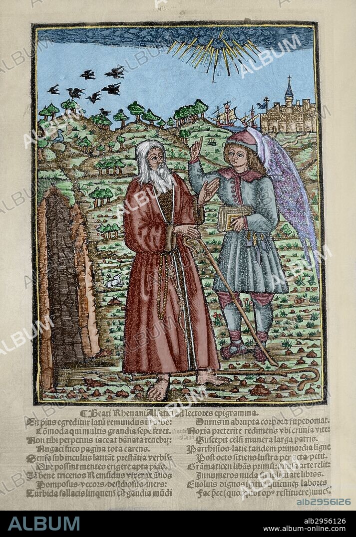 LITERATURA CATALANA SIGLOS XIII Y XIV. LLULL, Ramon (Palma de Mallorca, 1233/35-Bujía, 1315/16). Filósofo, místico y literato mallorquín. "BLANQUERNA". Grabado coloreado de la contraportada, con Ramón LLull y un discípulo. "Beati Rhenani Alfatici ad lectores epigramma". Este folio, escrito en latín, quizá pertenece a otra obra. Biblioteca Bartomeu March. Palma de Mallorca. Islas Baleares. España.