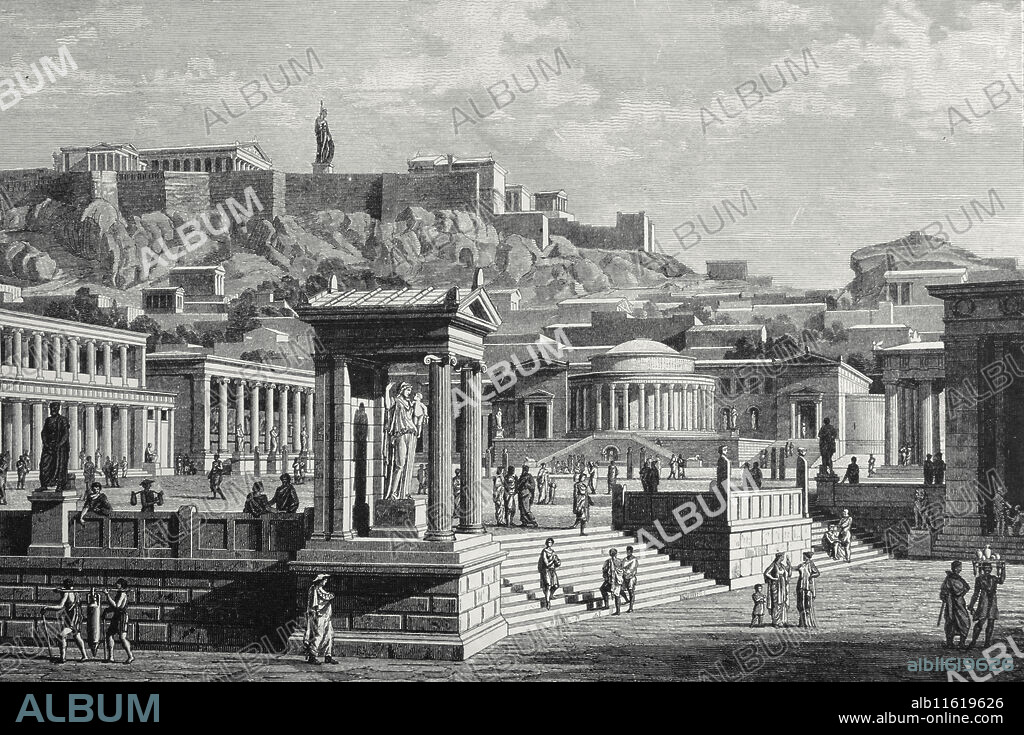 Athens. Engraving of the agora or marketplace. The Acropolis is in the background. Engraving by J. Buhlmann. "Ancient Greece 8 engravings", 1881. Later colouration. 19th century.