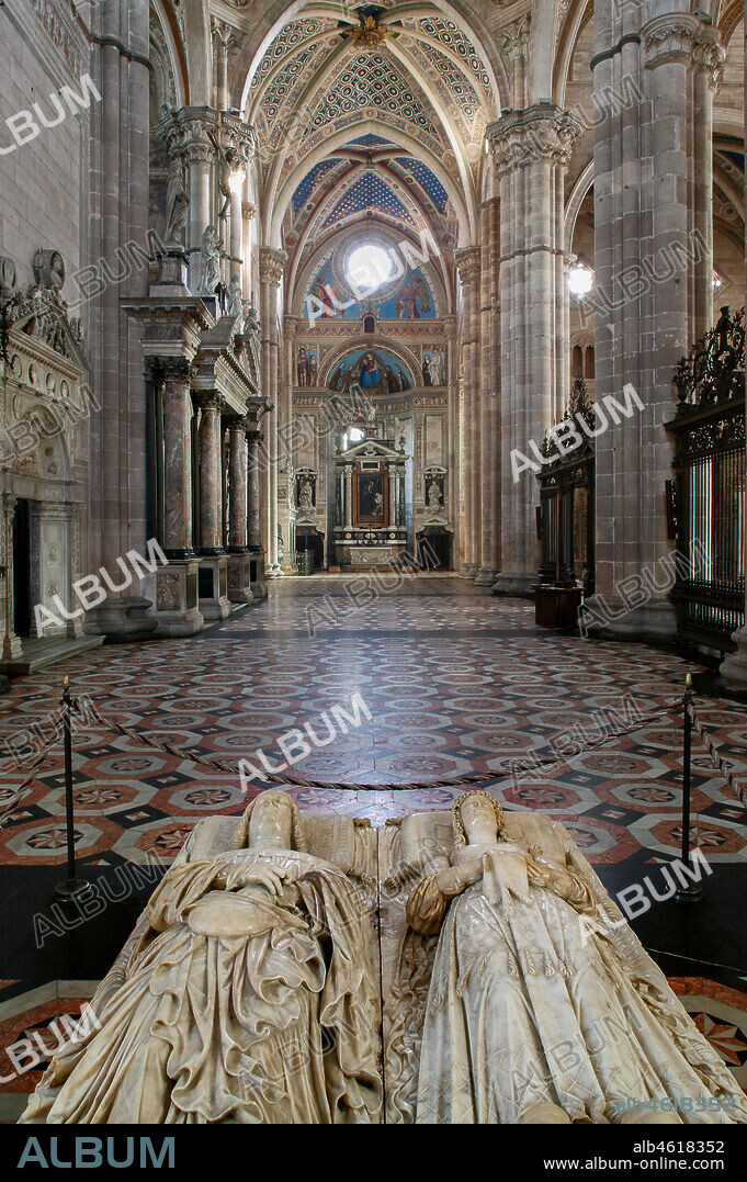 Pavia, the Certosa of Pavia: view of the transept with the Tomb of Ludovico il Moro and Beatrice d'Este by Cristoforo Solari, known as Il Gobbo (the Hunchbacked) (1497).
