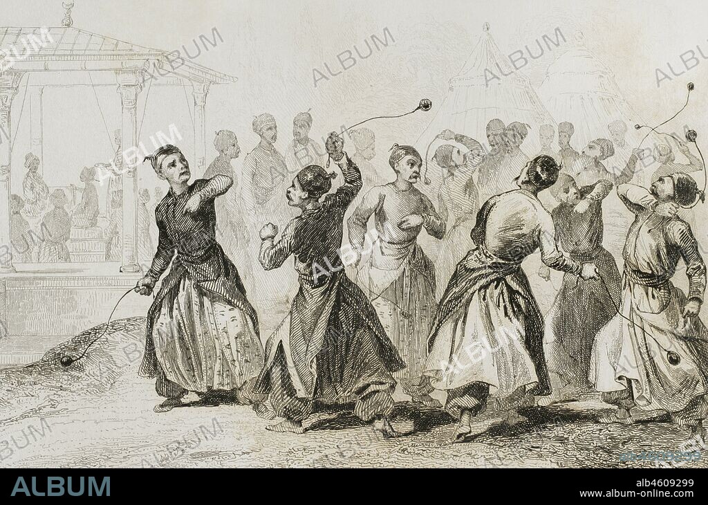 Ottoman Empire. Turkey. Men exercising in Tomak game. Martial art. Traditional game in which woll balls are used on leather straps. Engraving by Lemaitre, Lalaisse and Chaillot. Historia de Turquia by Joseph Marie Jouannin (1783-1844) and Jules Van Gaver, 1840.