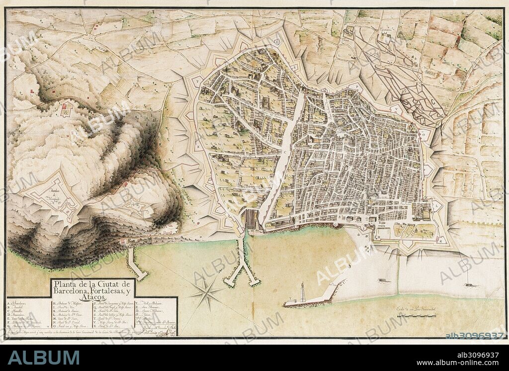 Spain. Catalonia. Barcelona. 18th century map (1740). Copy by the architect Francisco Renart (1783-1853) in 1806.