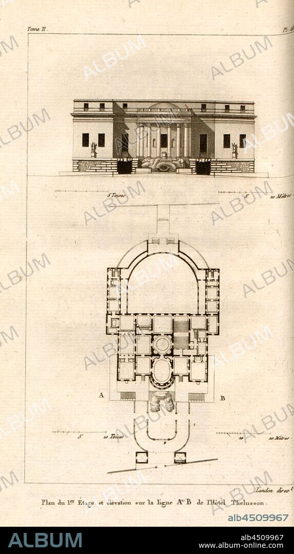 Plan and elevation Hotel de Thellusson, Facade and floor plan Hôtel de Thellusson in Paris, Pl. 48, after p. 200, p. 299, Landon (direxit), J. G. Legrand; C. P. Landon: Description de Paris et de ses édifices: avec un précis historique et des observations sur le caractère de leur architecture, et sur les principaux objets d'art et de curiosité qu'ils renferment. Seconde édition, corrigée avec soin dans toutes ses Parties, et considérablement augmentée. Bd. 2. Paris. Strasbourg. Treuttel et Würtz, 1818.