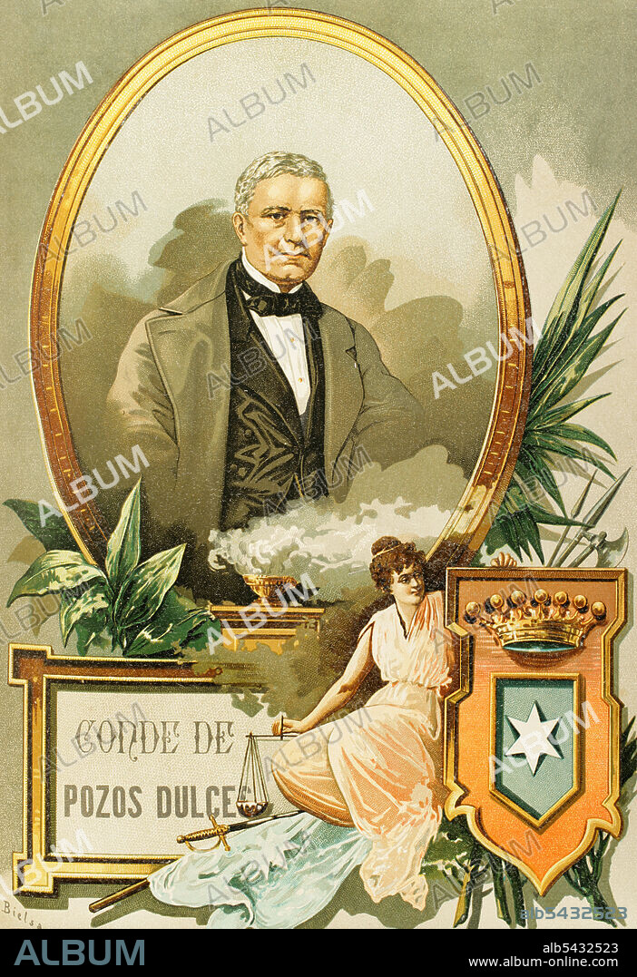 Francisco de Frías y Jaccott (1809-1877). IV Conde de Pozos Dulces. Periodista, político, agrónomo y economista cubano. Retrato. Ilustración por Bielsa. Cromolitografía. Historia General de España, por Miguel Morayta. Tomo IX. Madrid, 1896.