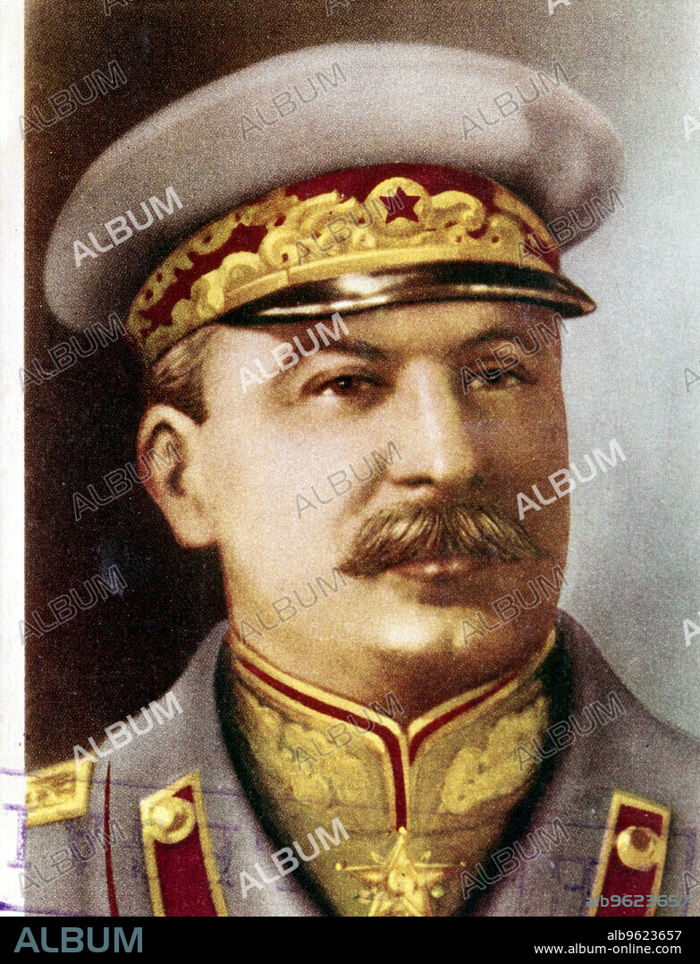 Joseph Stalin, Soviet leader, c1945. Head and shoulders portrait of Stalin in military uniform. Born Iosif Vissarionovich Dzhugashvili, Stalin (1879-1953) became General Secretary of the Central Committee of the Russian Communist Party in 1922, and after the death of Lenin in 1924, effectively became ruler of the Soviet Union. Stalin's rule saw massive social and economic upheaval. Soviet Russia was transformed into a major economic and military power, but millions died as a result of agricultural collectivization, political repression and in the struggle against Nazi Germany in the Second World War.