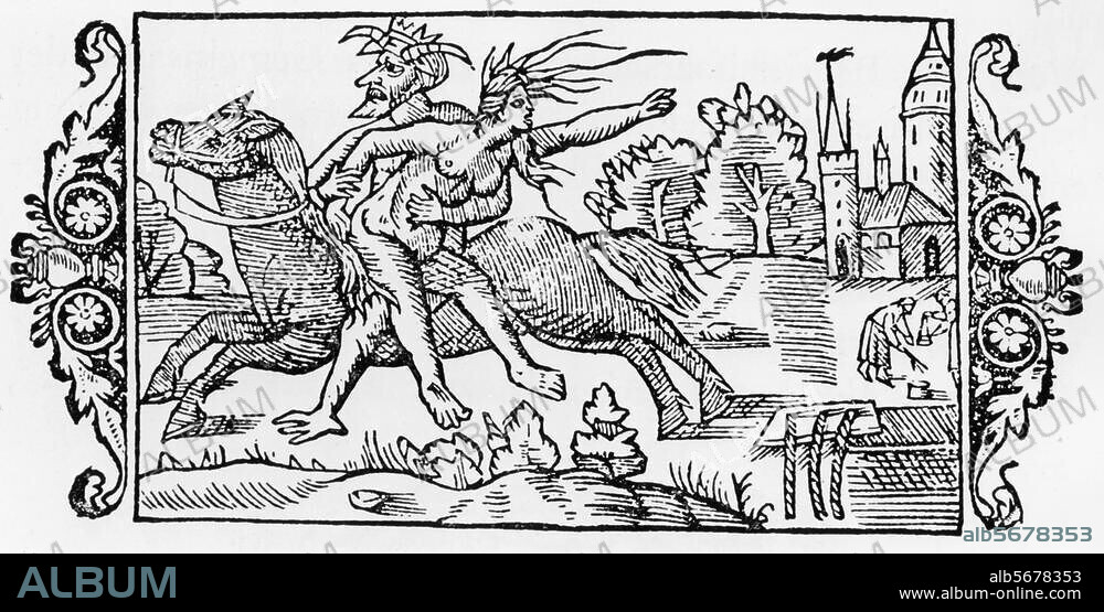 Religion / Diable. Le diable enlevant une femme. Gravure sur bois. In : Olaus Magnus, Historia de gentibus septentrionalibus. (Histoire des peuples du Nord) Rome, (J. Maria de Virottis). 1555.