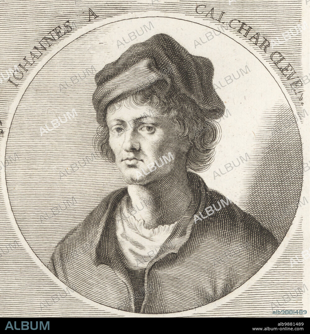 Jan Steven van Calcar, German-born painter and woodcutter from the Duchy of Cleves, worked in Venice and Naples, Italy, c.1499-1546. Accredited with the anatomical art woodcuts in Vesalius's Fabrica. Also known as Giovanni da Calcar or Ioannes Stephanus Calcarensis. Johannes A Calchar Cleven. Copperplate engraving by Philipp Kilian after an illustration by Joachim von Sandrart from his LAcademia Todesca, della Architectura, Scultura & Pittura, oder Teutsche Academie, der Edlen Bau- Bild- und Mahlerey-Kunste, German Academy of Architecture, Sculpture and Painting, Jacob von Sandrart, Nuremberg, 1675.